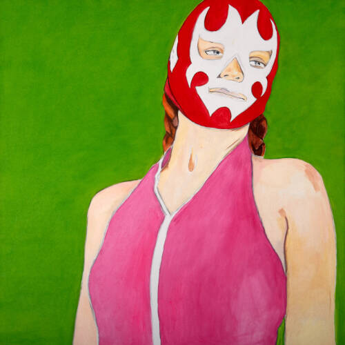 Colorful portrait of a woman wearing a pink shirt against a bright green background. She wears a Lucha Libre Mexican wrestling mask that is red and white.
